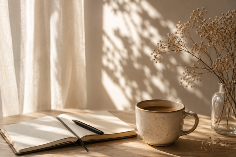 Taza de café, cuaderno y flores secas en un ambiente tranquilo y cálido