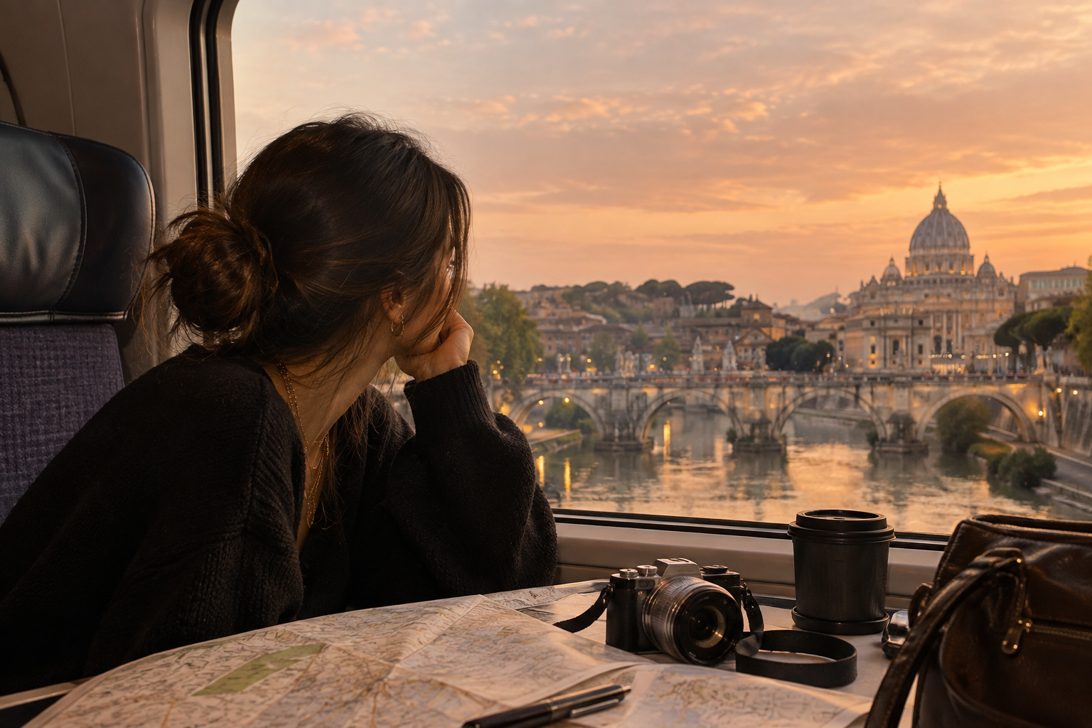 Mujer mirando por la ventana de un tren mientras contempla una ciudad al atardecer
